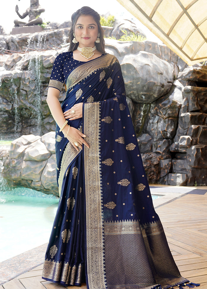 Navy Blue Satin Silk Saree With Blouse Piece