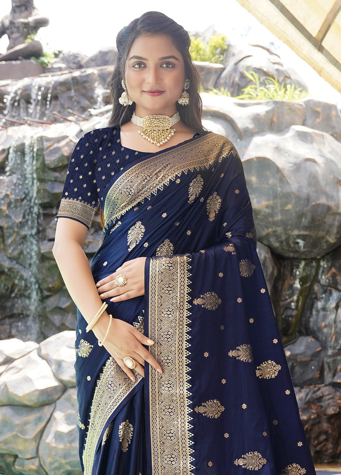 Navy Blue Satin Silk Saree With Blouse Piece