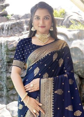 Navy Blue Satin Silk Saree With Blouse Piece