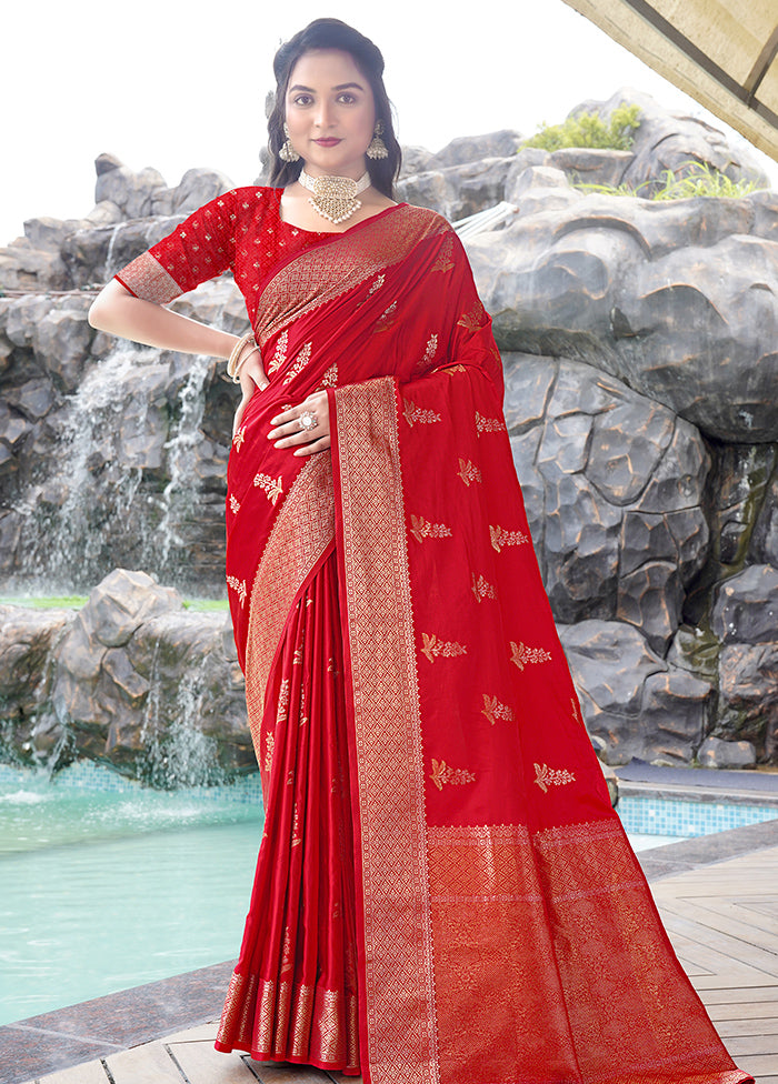 Red Satin Silk Saree With Blouse Piece