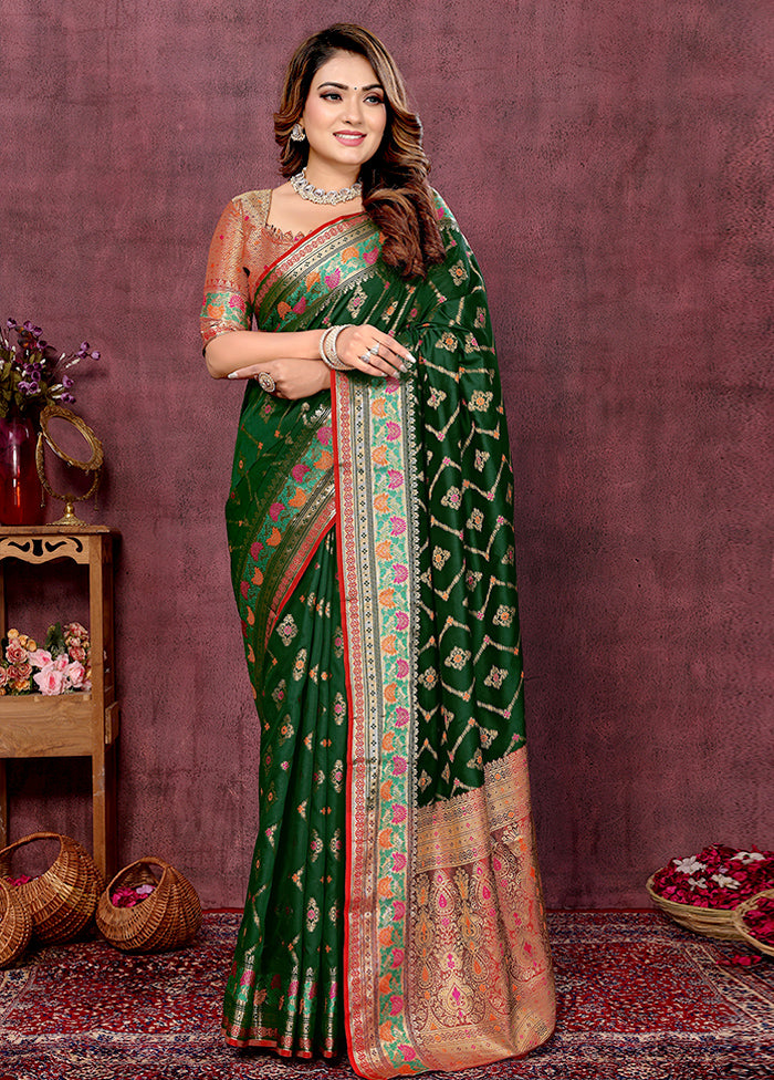 Dark Green Spun Silk Saree With Blouse Piece