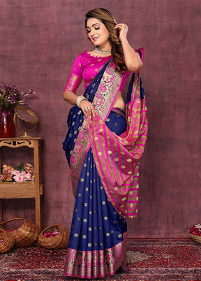 Navy Blue Dupion Silk Saree With Blouse Piece