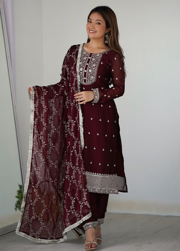 3 Pc Maroon Pure Readymade Silk Suit Set