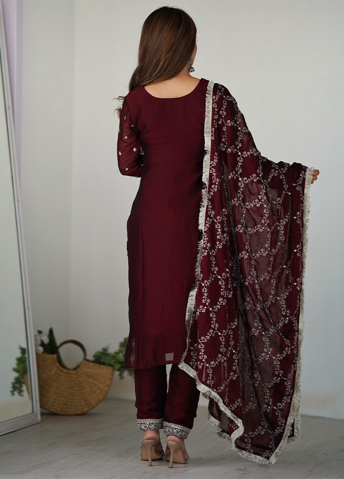 3 Pc Maroon Pure Readymade Silk Suit Set