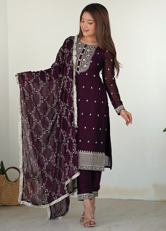 3 Pc Wine Pure Readymade Silk Suit Set