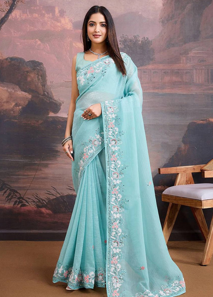 Sky Blue Organza Saree With Blouse Piece