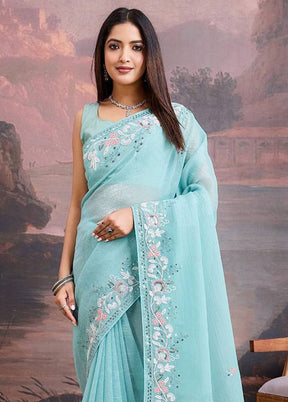 Sky Blue Organza Saree With Blouse Piece