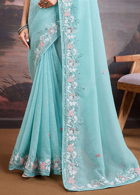 Sky Blue Organza Saree With Blouse Piece