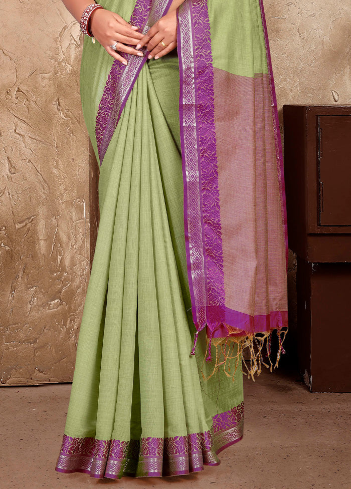 Pista Green Linen Silk Saree With Blouse Piece