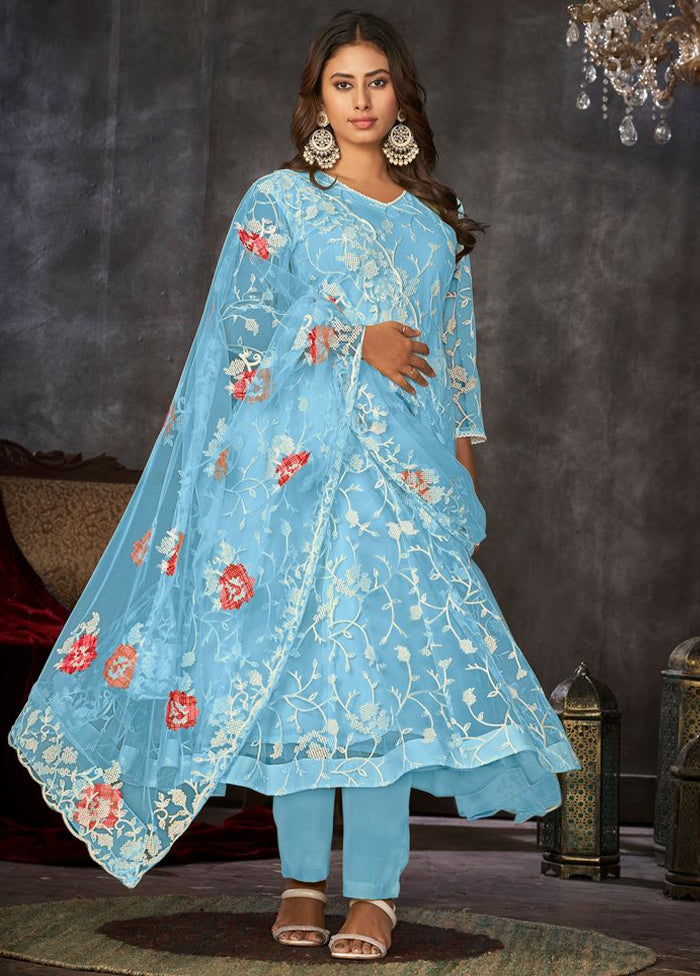 3 Pc Sky Blue Semi Stitched Net Suit Set