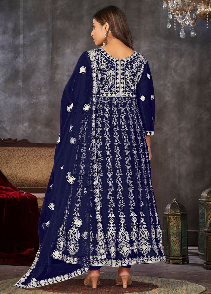 3 Pc Blue Semi Stitched Net Suit Set