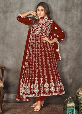 3 Pc Maroon Semi Stitched Net Suit Set