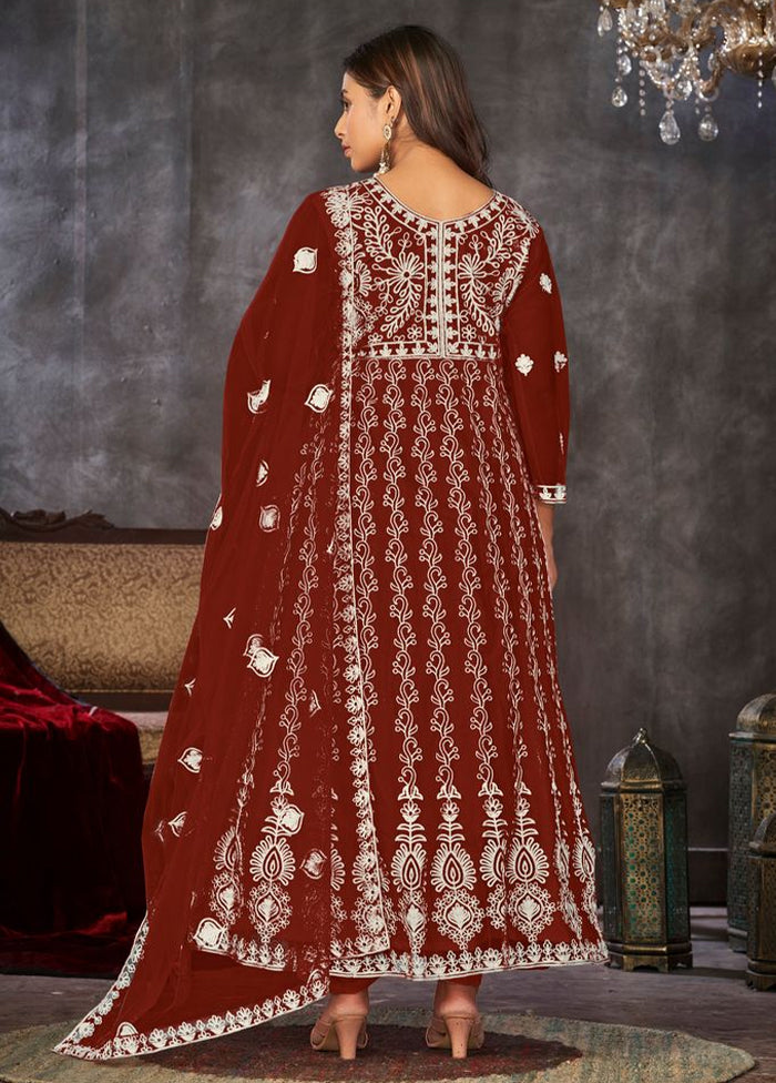 3 Pc Maroon Semi Stitched Net Suit Set