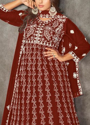 3 Pc Maroon Semi Stitched Net Suit Set