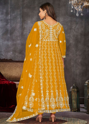 3 Pc Mustard Semi Stitched Net Suit Set