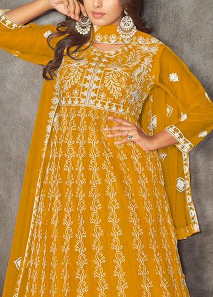 3 Pc Mustard Semi Stitched Net Suit Set