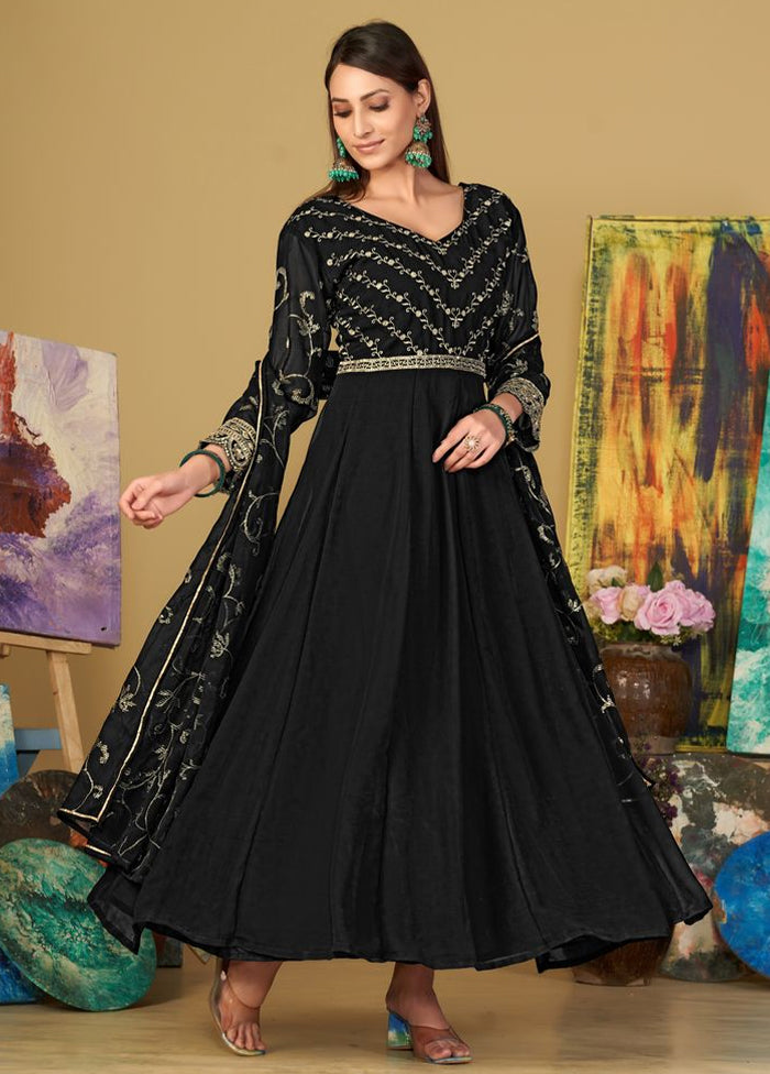 3 Pc Black Semi Stitched Georgette Suit Set