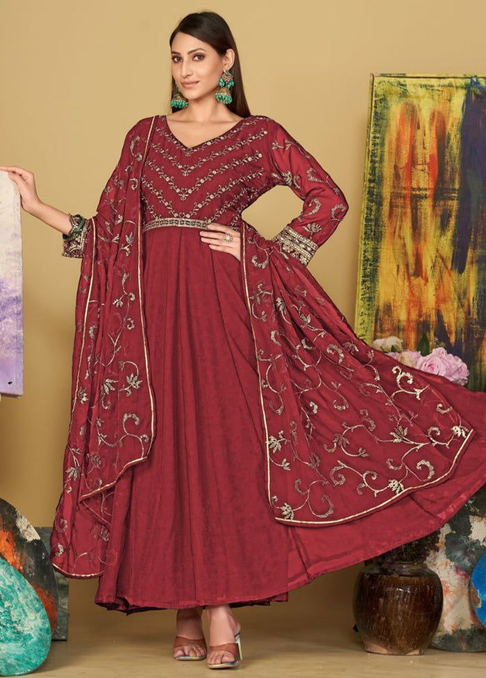 3 Pc Maroon Semi Stitched Georgette Suit Set