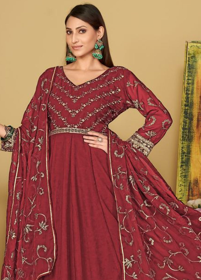 3 Pc Maroon Semi Stitched Georgette Suit Set