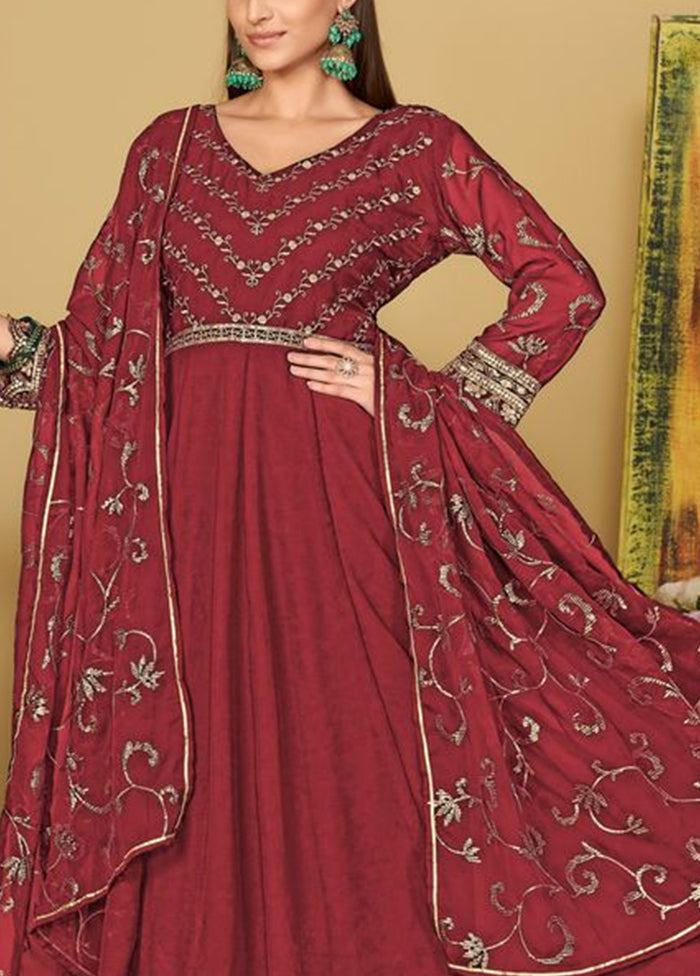 3 Pc Maroon Semi Stitched Georgette Suit Set