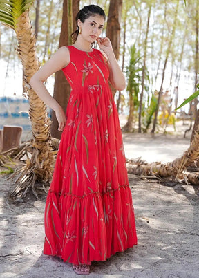 Red Readymade Rayon Indian Dress