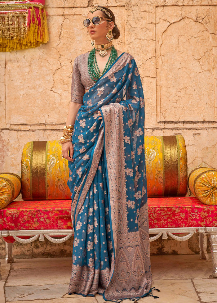 Teal Georgette Saree With Blouse Piece