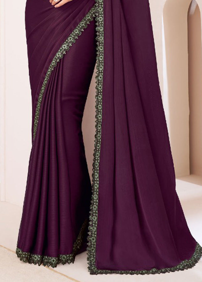 Wine Satin Silk Saree With Blouse Piece