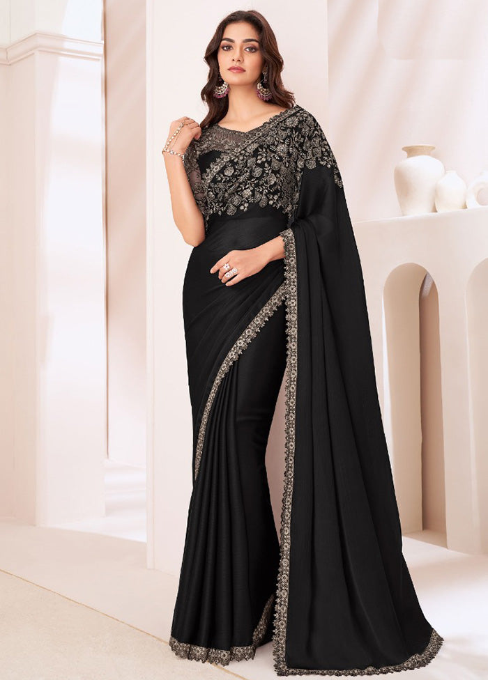 Black Satin Silk Saree With Blouse Piece