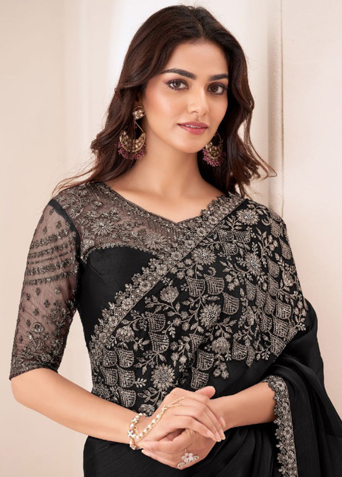 Black Satin Silk Saree With Blouse Piece