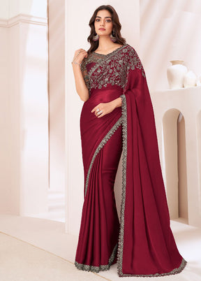 Maroon Satin Silk Saree With Blouse Piece