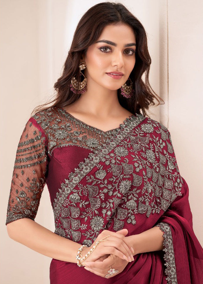 Maroon Satin Silk Saree With Blouse Piece