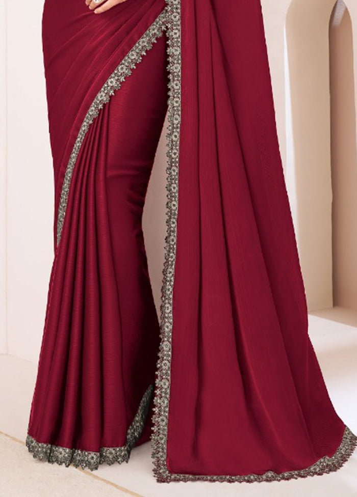 Maroon Satin Silk Saree With Blouse Piece