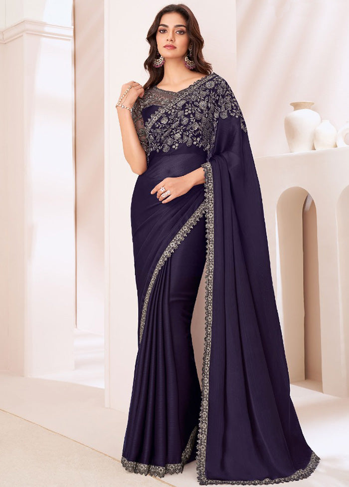 Navy Blue Satin Silk Saree With Blouse Piece