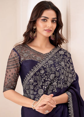 Navy Blue Satin Silk Saree With Blouse Piece