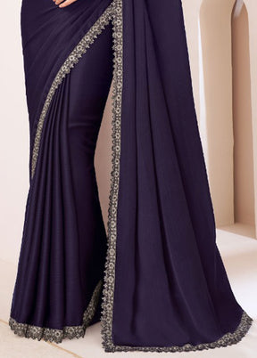 Navy Blue Satin Silk Saree With Blouse Piece