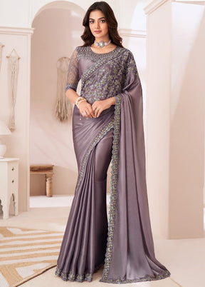 Lavender Satin Silk Saree With Blouse Piece