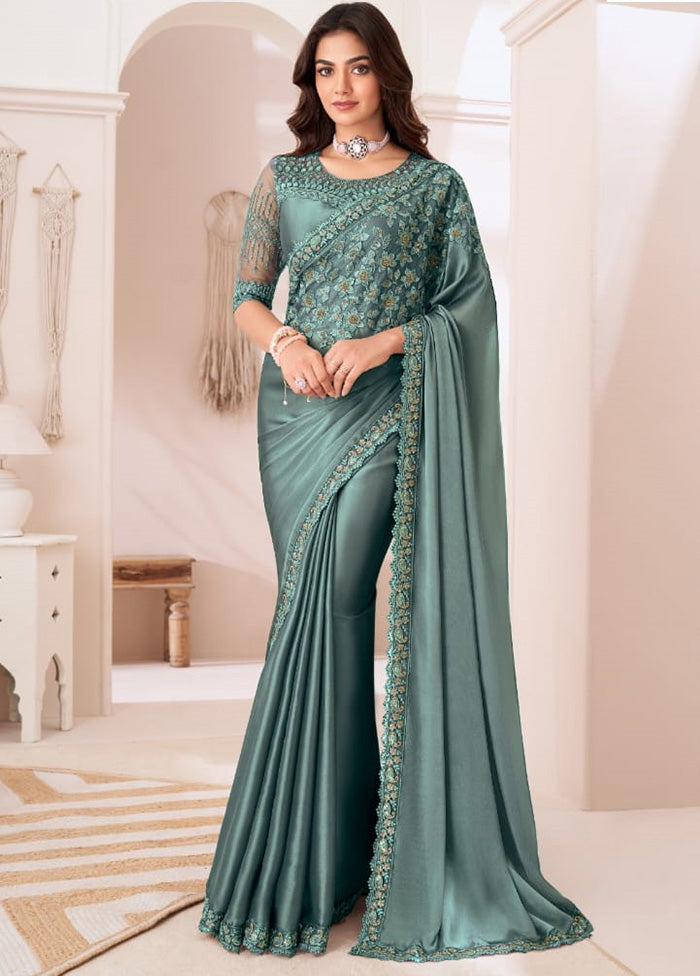 Aqua Satin Silk Saree With Blouse Piece