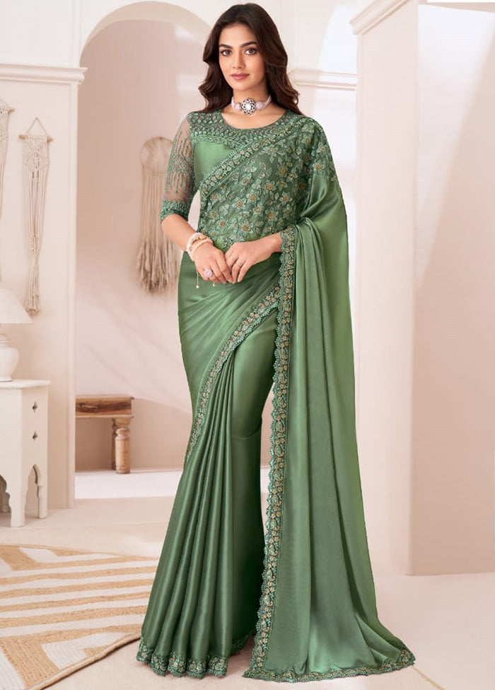 Green Satin Silk Saree With Blouse Piece