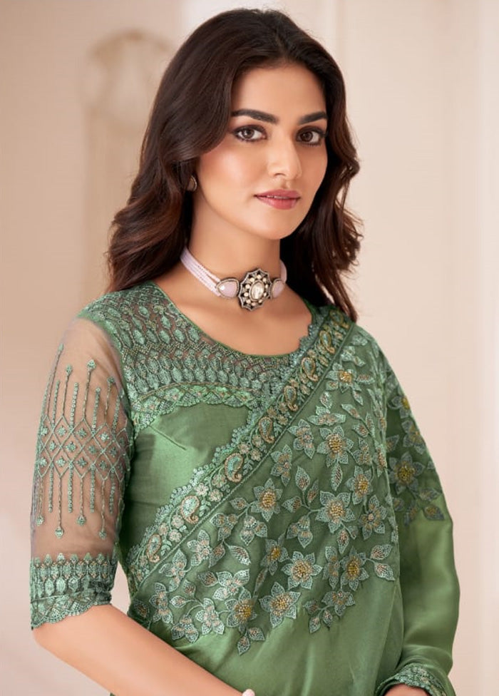 Green Satin Silk Saree With Blouse Piece