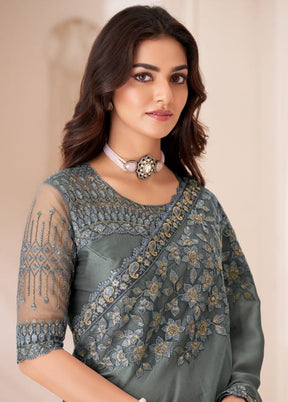 Grey Satin Silk Saree With Blouse Piece