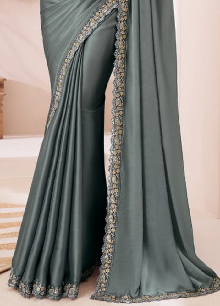 Grey Satin Silk Saree With Blouse Piece