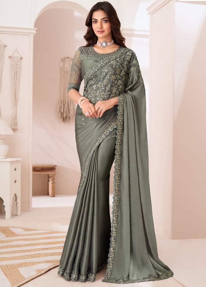 Dark Grey Satin Silk Saree With Blouse Piece