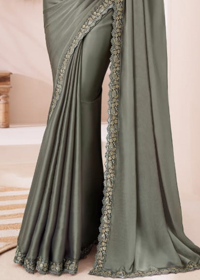 Dark Grey Satin Silk Saree With Blouse Piece