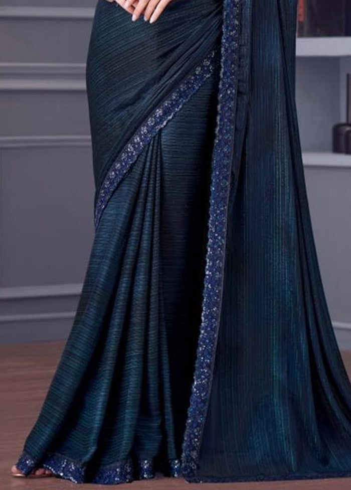 Navy Blue Spun Silk Saree With Blouse Piece