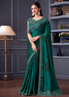 Green Satin Silk Saree With Blouse Piece