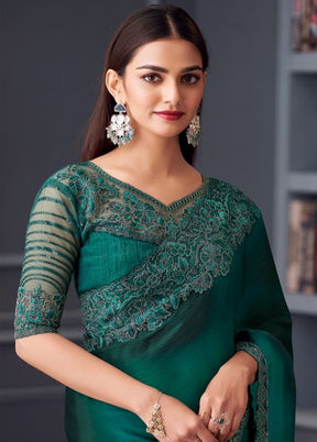 Green Satin Silk Saree With Blouse Piece