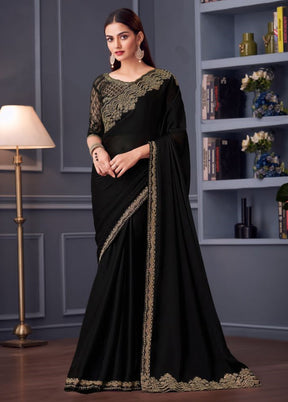 Black Satin Silk Saree With Blouse Piece