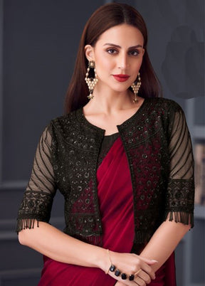 Maroon Satin Silk Saree With Blouse Piece