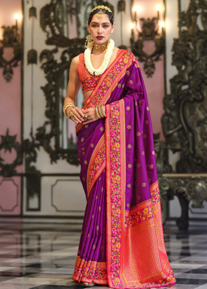 Purple Banarasi Silk Saree With Blouse Piece