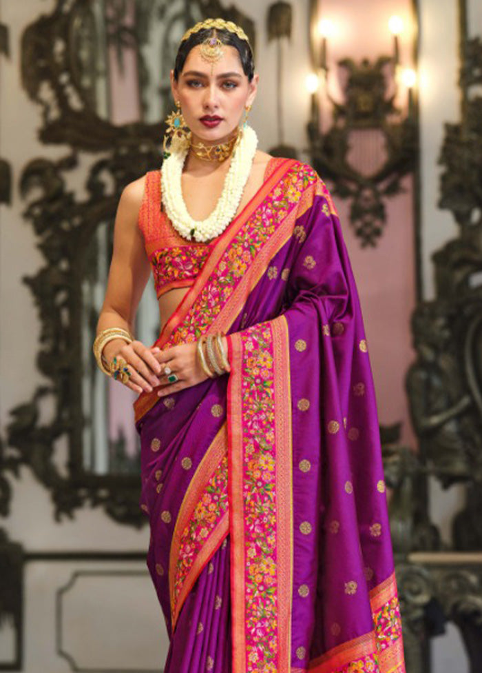 Purple Banarasi Silk Saree With Blouse Piece